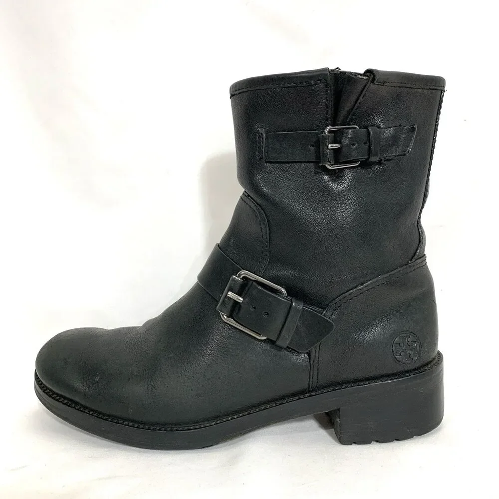 TORY BURCH LEATHER ANKLE BOOTIES BLACK ZIP-UP STRAP BUCKLE BOOTS SIZE 8.5